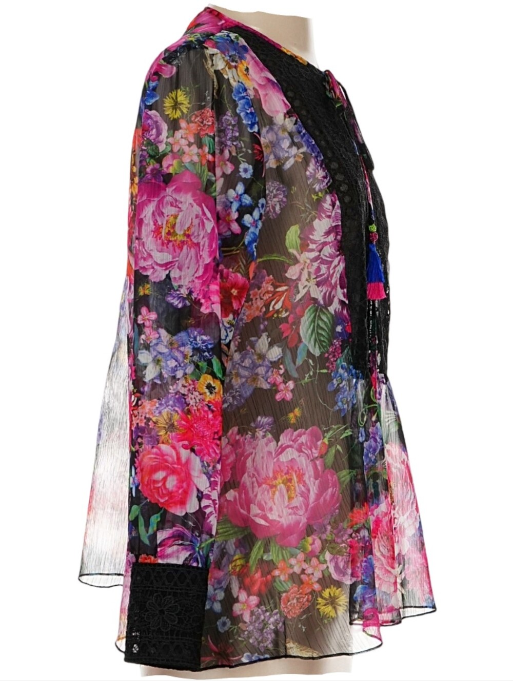 TADASHI SHOJI Gaberira Sheer Floral Tie Neck Blouse W/ Lace Panel & Cuffs Sz 4 - Picture 4 of 11